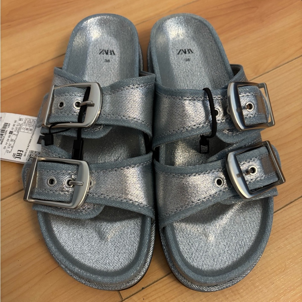 New Zara Metallic Denim Sandals